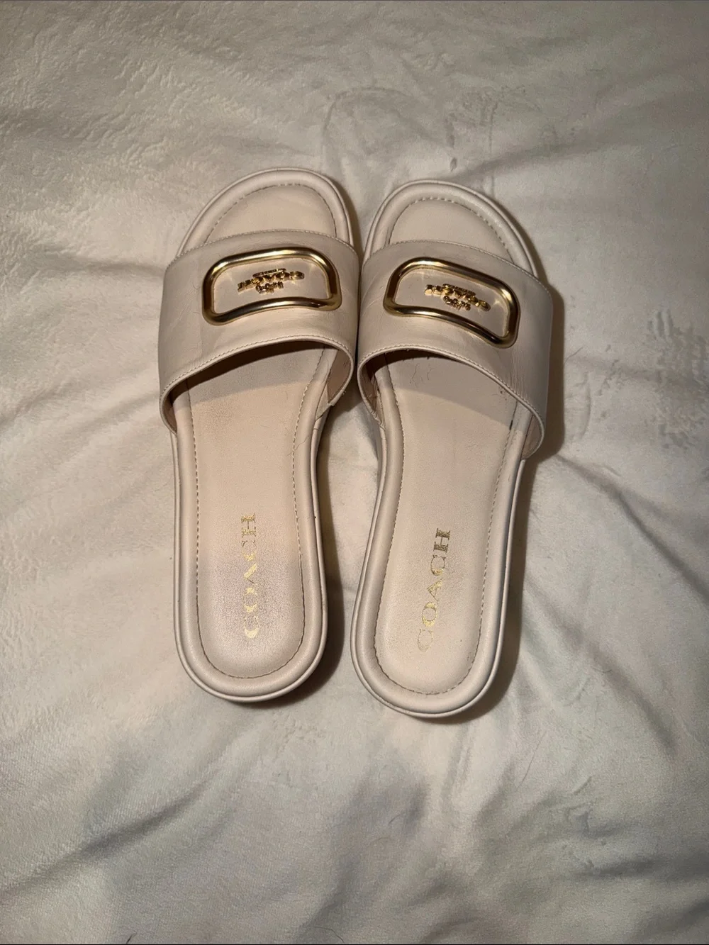 Coach Cream platform  Mules with Gold Logo Plaque